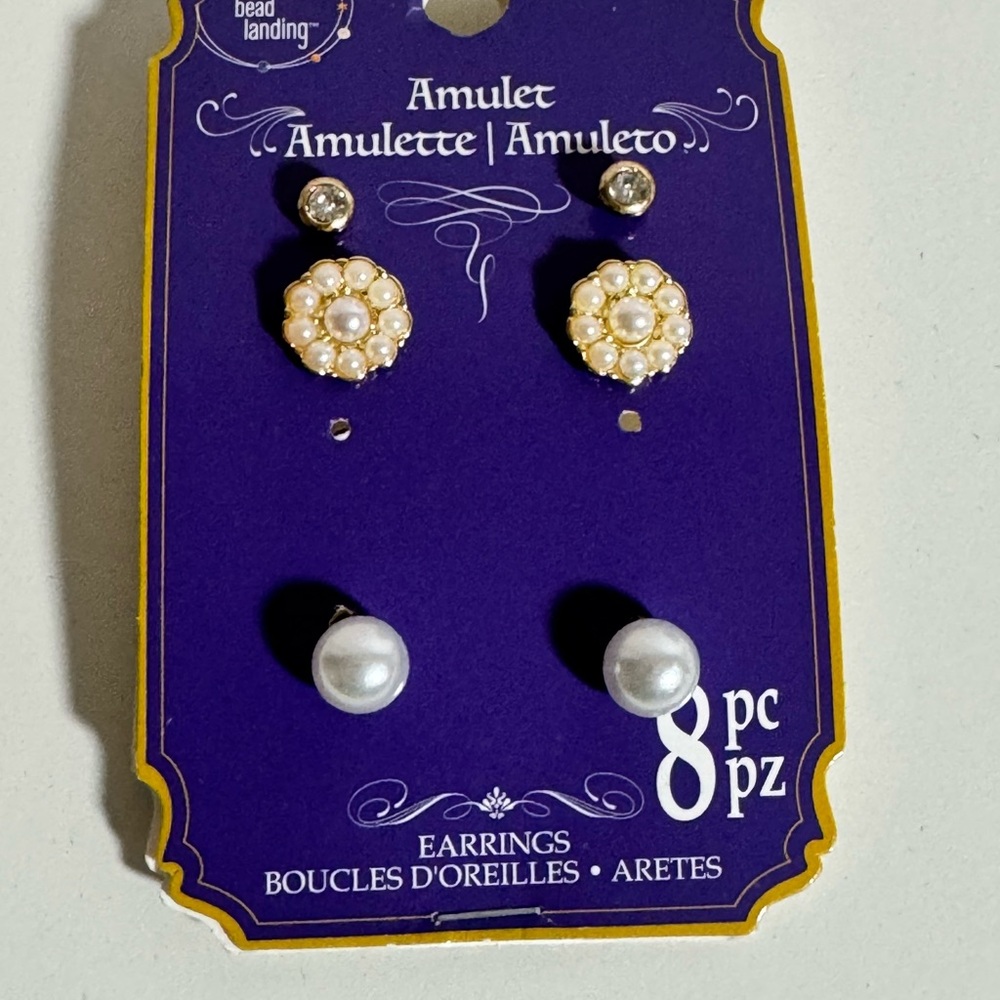 Bead Landing Amulet Earring Set Gold Tone Faux Pearl Crystal Studs 3 Pairs